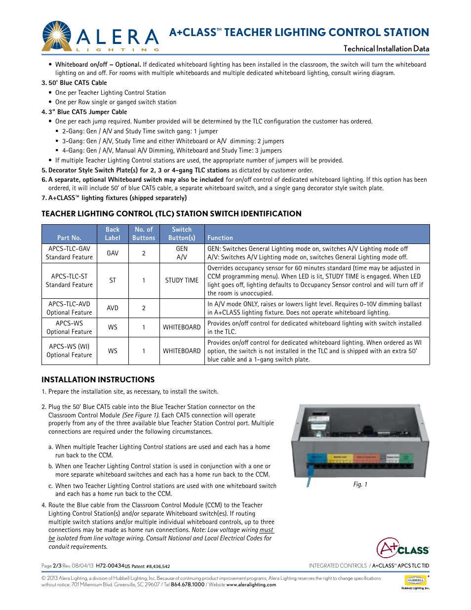 A+class, Teacher lighting control station | Alera Lighting APCS TLC User Manual | Page 2 / 3