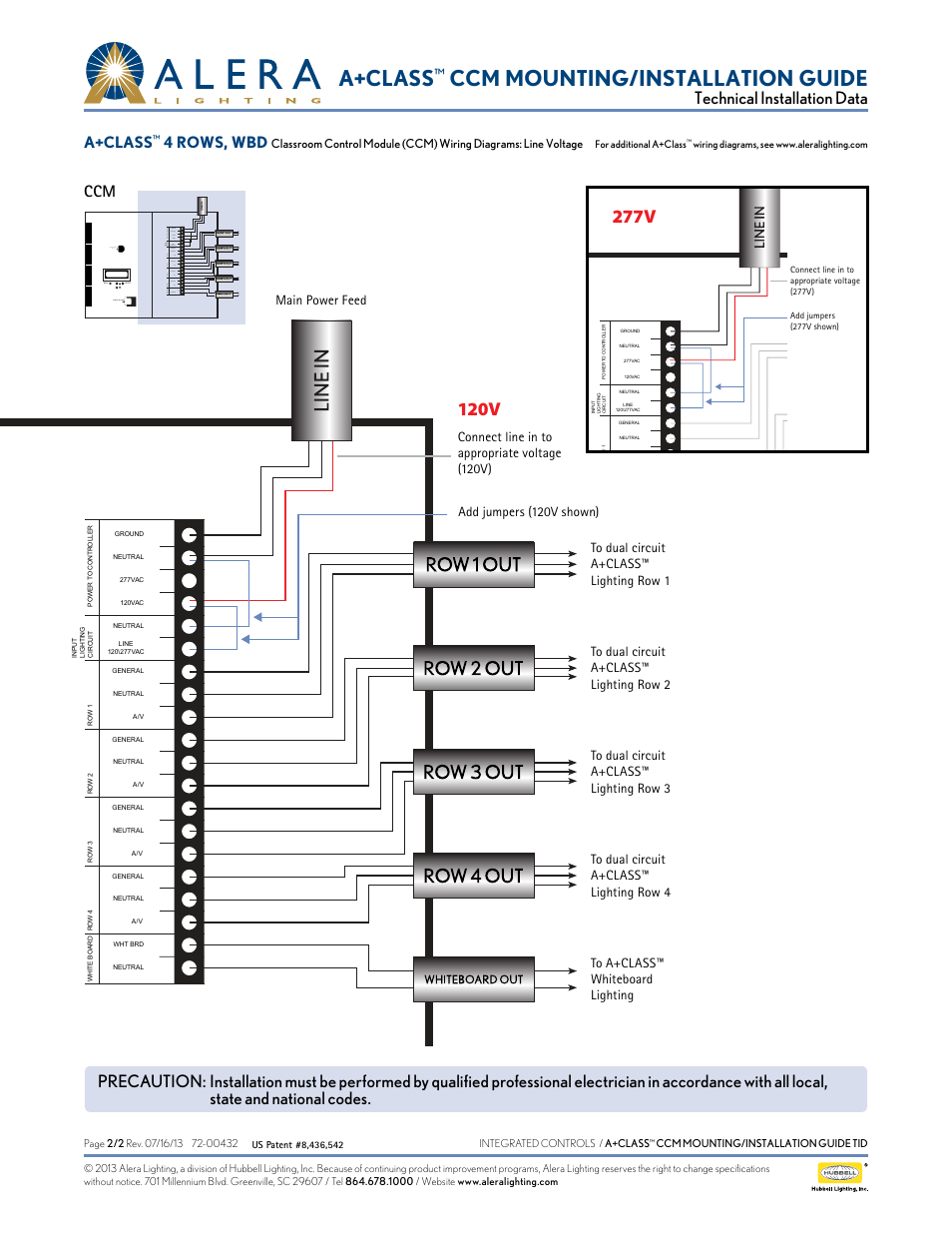 A+class, Ccm mounting/installation guide, 277v | 120v, 4 rows, wbd, Main power feed | Alera Lighting APCS CCM User Manual | Page 2 / 2