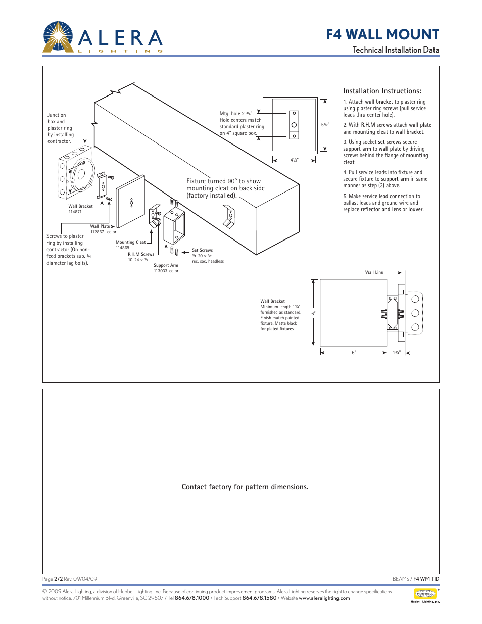 F4 wall mount, Technical installation data, Installation instructions | Contact factory for pattern dimensions | Alera Lighting F4 - Wall Mount User Manual | Page 2 / 2