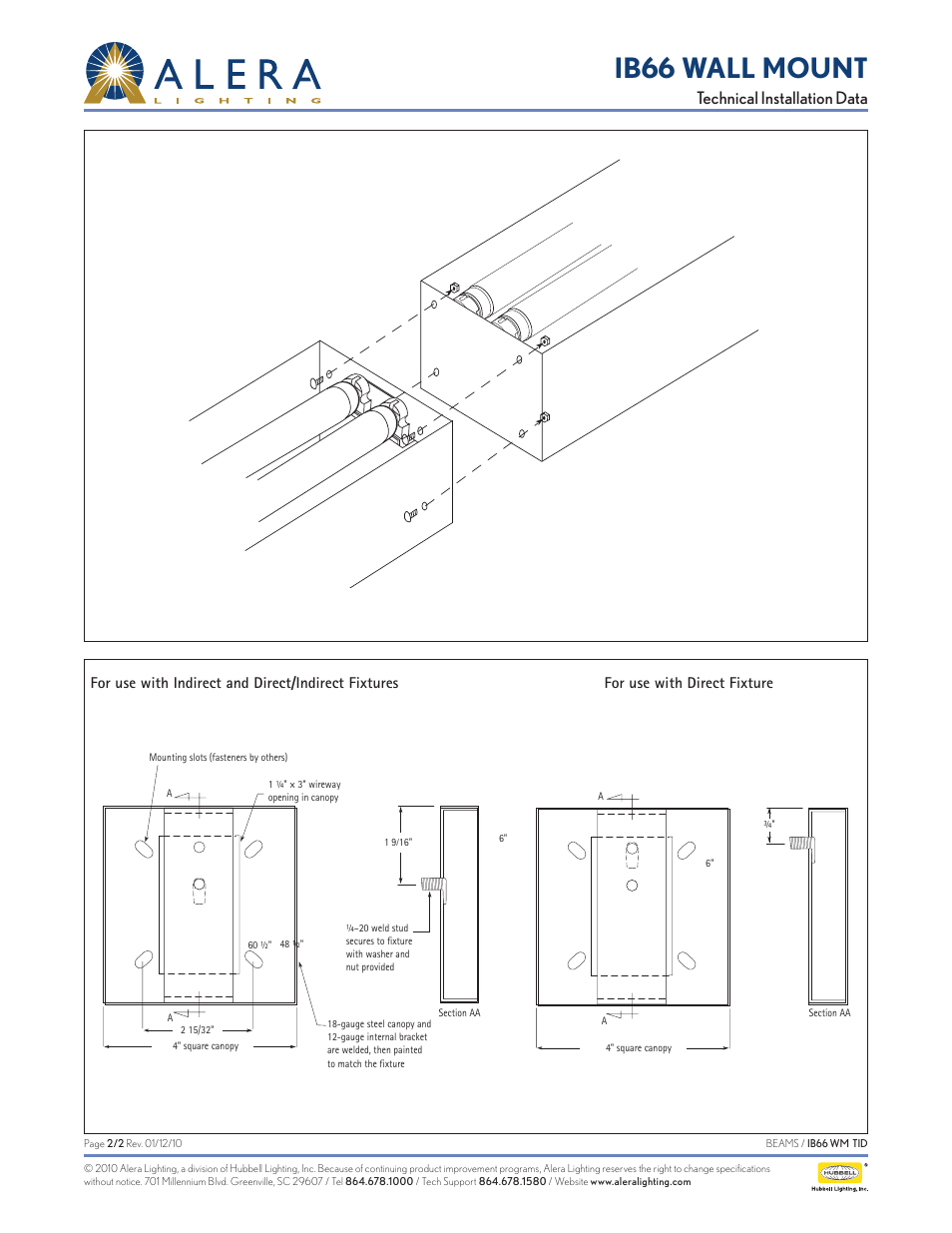 Ib66 wall mount, Technical installation data, For use with indirect and direct/indirect fixtures | For use with direct fixture | Alera Lighting IB66 - Wall Mount User Manual | Page 2 / 2