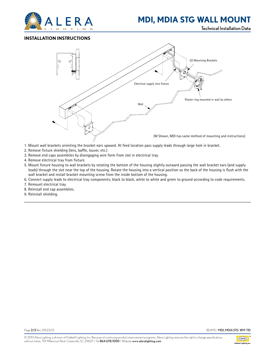 Mdi, mdia stg wall mount, Technical installation data | Alera Lighting MDI, MDIA Staggered Wall Mount User Manual | Page 2 / 3