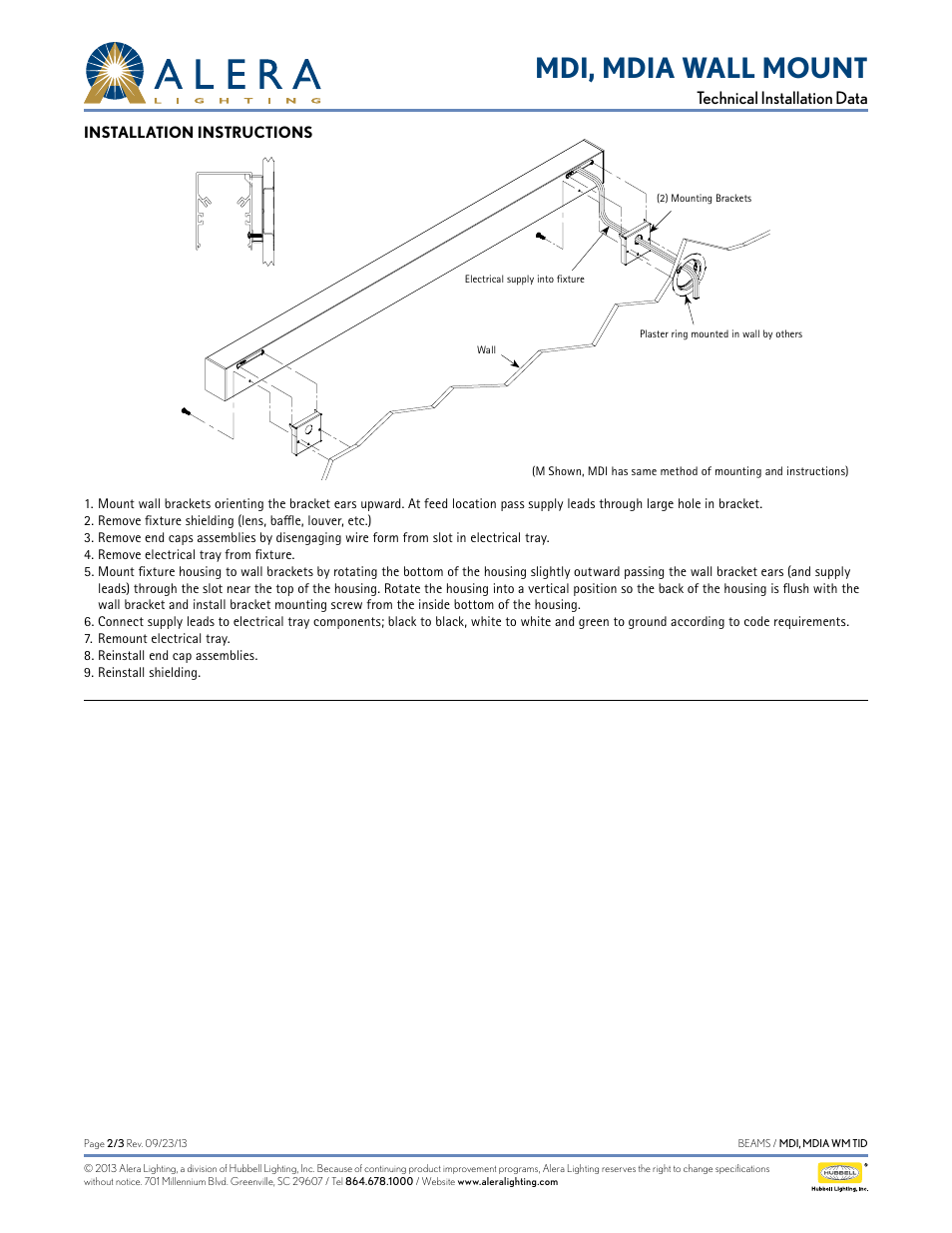 Mdi, mdia wall mount, Technical installation data | Alera Lighting MDI, MDIA Wall Mount User Manual | Page 2 / 3