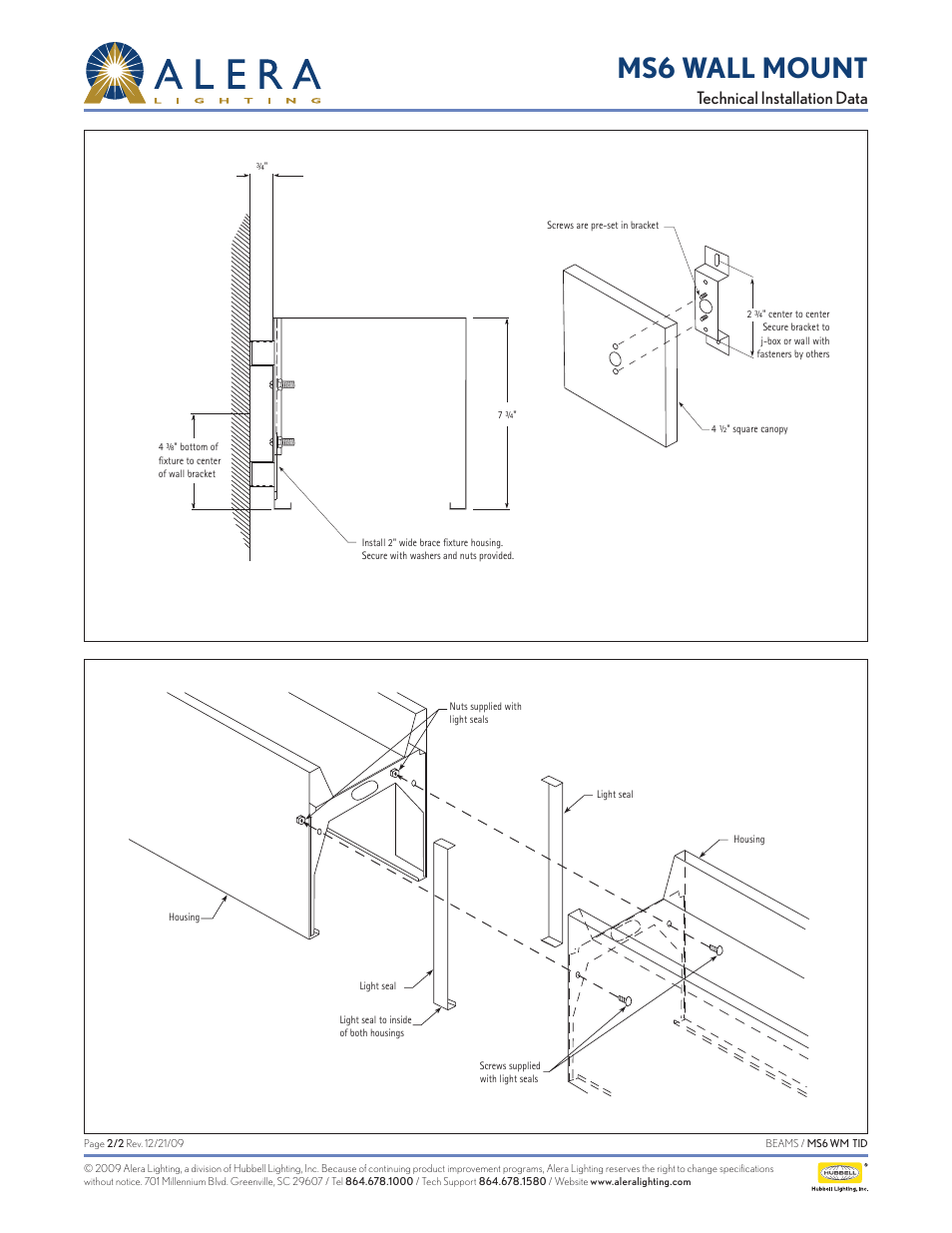 Ms6 wall mount, Technical installation data | Alera Lighting MS6 - Wall Mount User Manual | Page 2 / 2