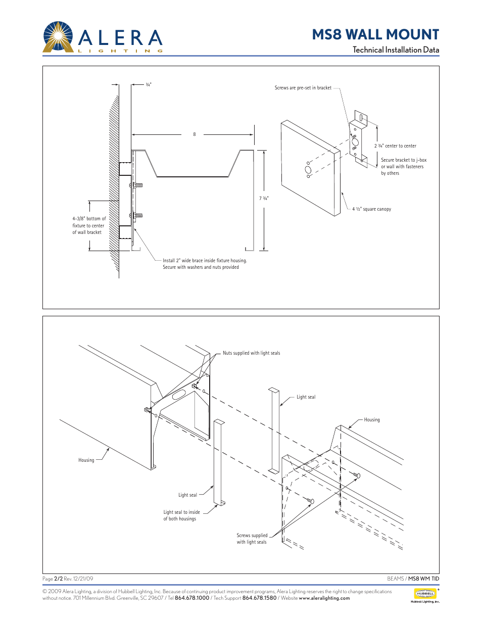 Ms8 wall mount, Technical installation data | Alera Lighting MS8 - Wall Mount User Manual | Page 2 / 2