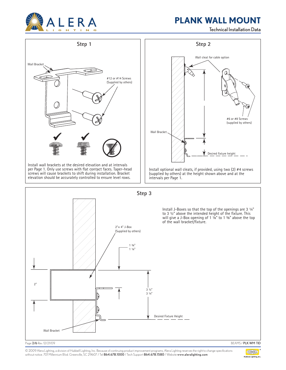 Plank wall mount, Step 1 step 2 step 3, Technical installation data | Alera Lighting PLKWM User Manual | Page 2 / 6