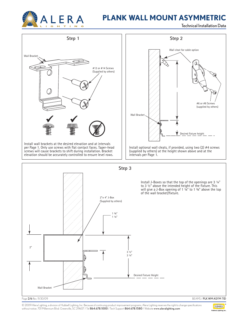 Plank wall mount asymmetric, Step 1 step 2 step 3, Technical installation data | Alera Lighting PLKWMASYM User Manual | Page 2 / 6