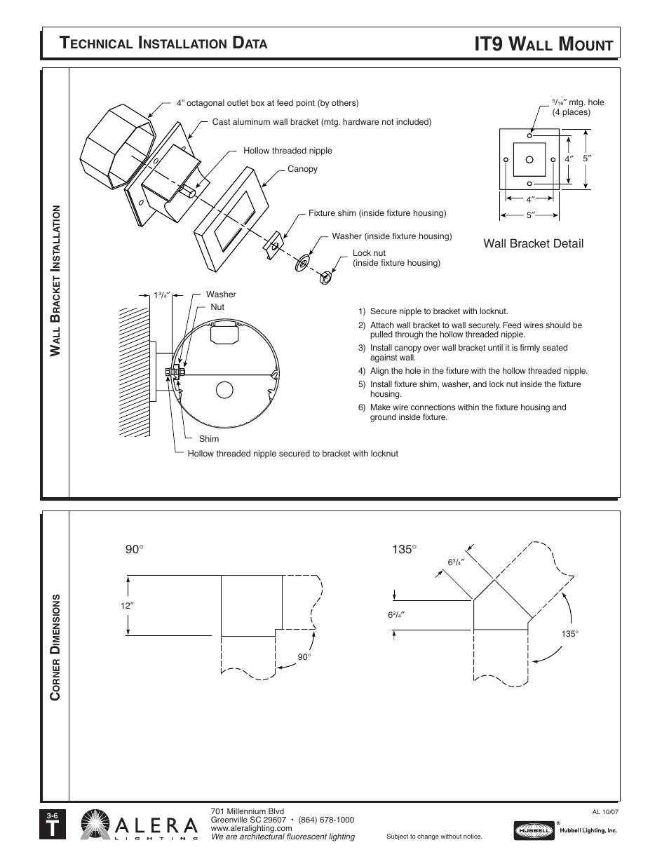 It9 w, Ount, Echnical | Nstallation, Wall bracket detail | Alera Lighting IT9 - Wall Mount User Manual | Page 2 / 2