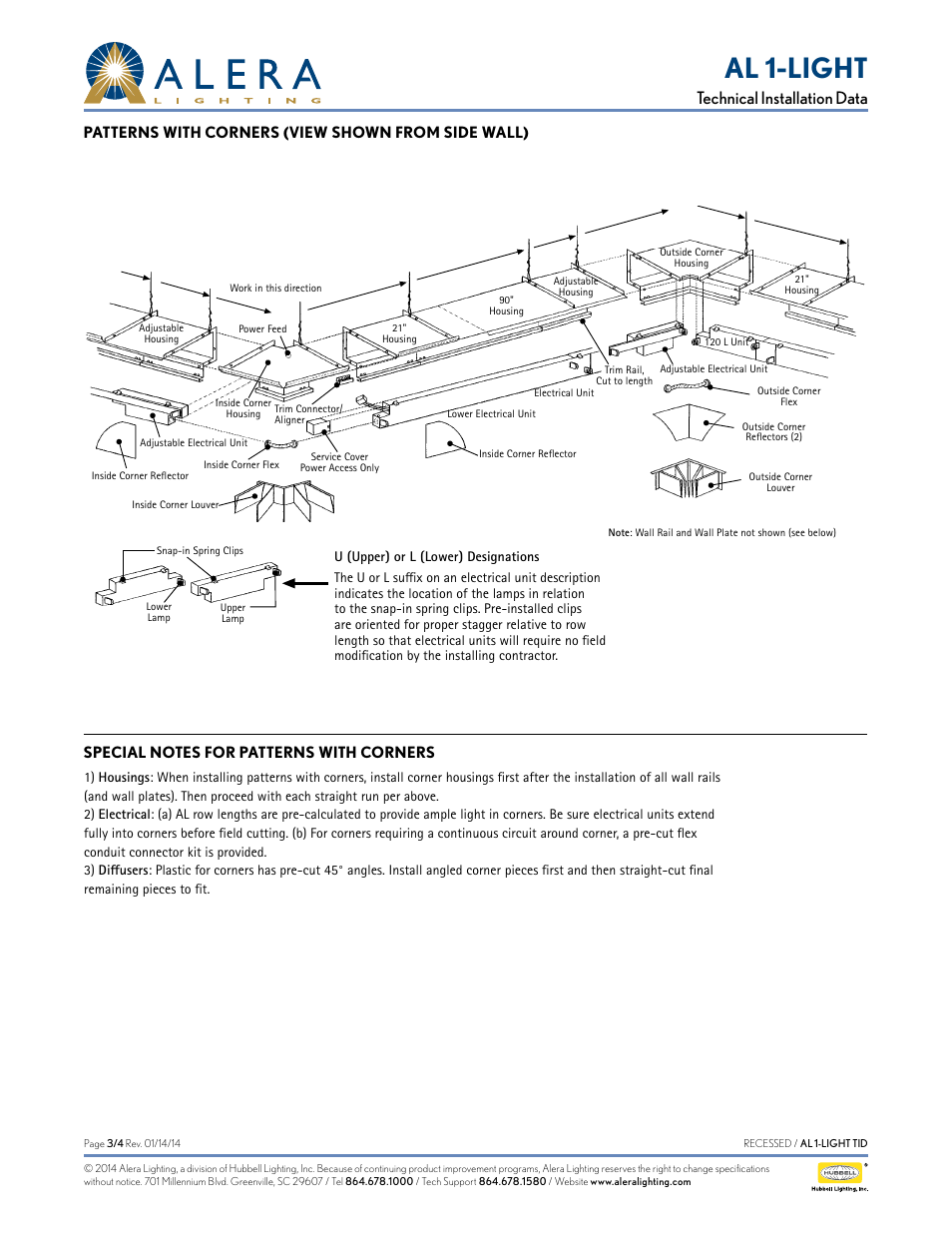 Al 1-light, Technical installation data, Patterns with corners (view shown from side wall) | Alera Lighting AL 1-Light User Manual | Page 3 / 4