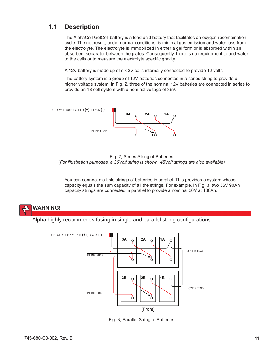Fig. 2, series connected string of batteries, Fig. 3, parallel string of batteries, 1 description | Alpha Technologies AlphaCell GelCell Series User Manual | Page 11 / 32