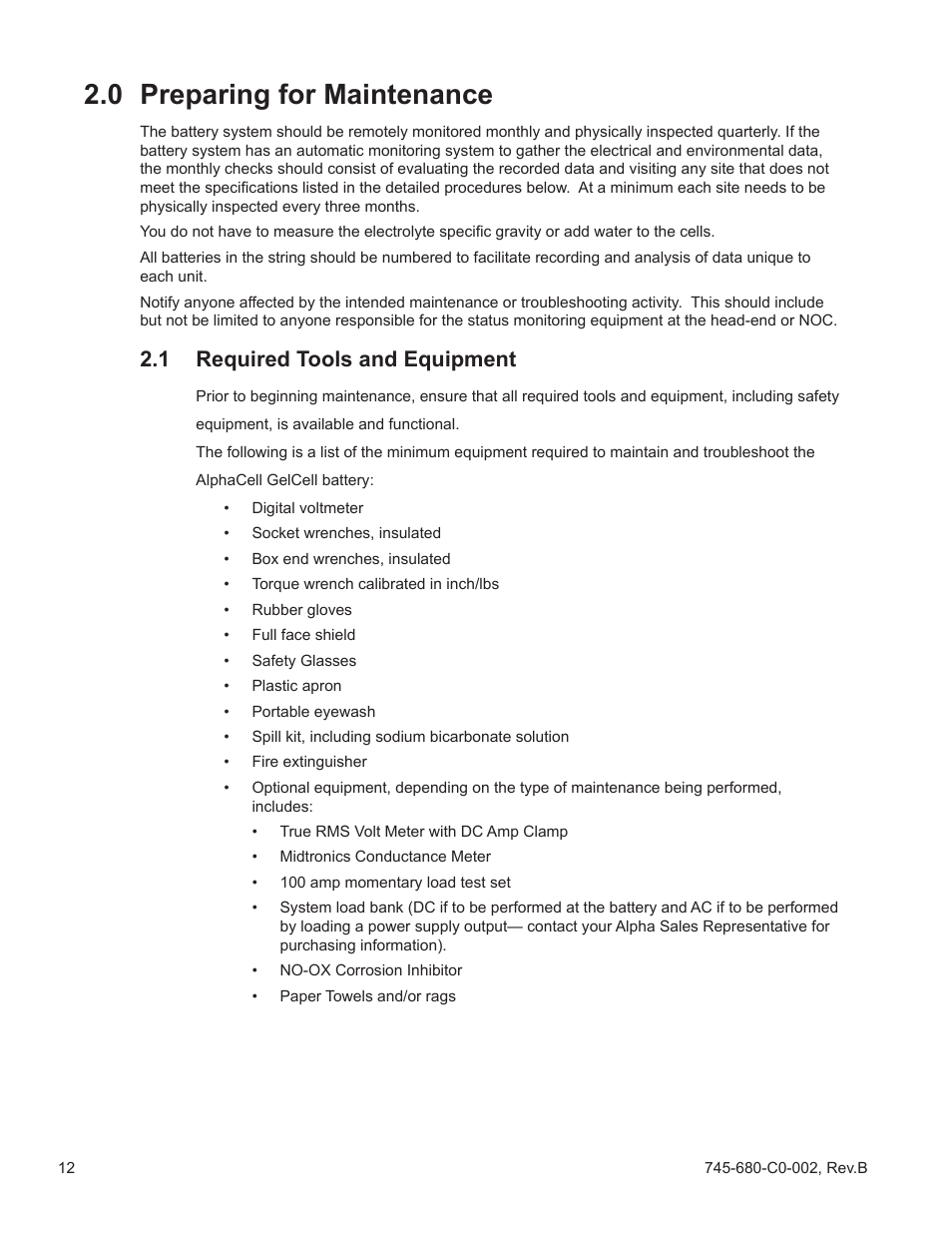 Introduction 1.1, Description, 0 preparing for maintenance | 1 required tools and equipment | Alpha Technologies AlphaCell GelCell Series User Manual | Page 12 / 32