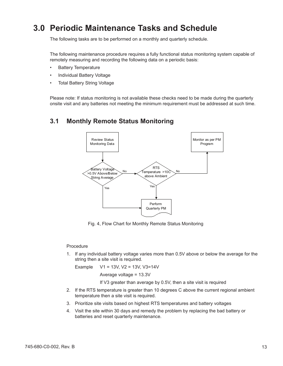 Preparing for maintenance, Required tools and equipment, Fig. 4, flow chart, monthly status monitoring | 0 periodic maintenance tasks and schedule, 1 monthly remote status monitoring | Alpha Technologies AlphaCell GelCell Series User Manual | Page 13 / 32