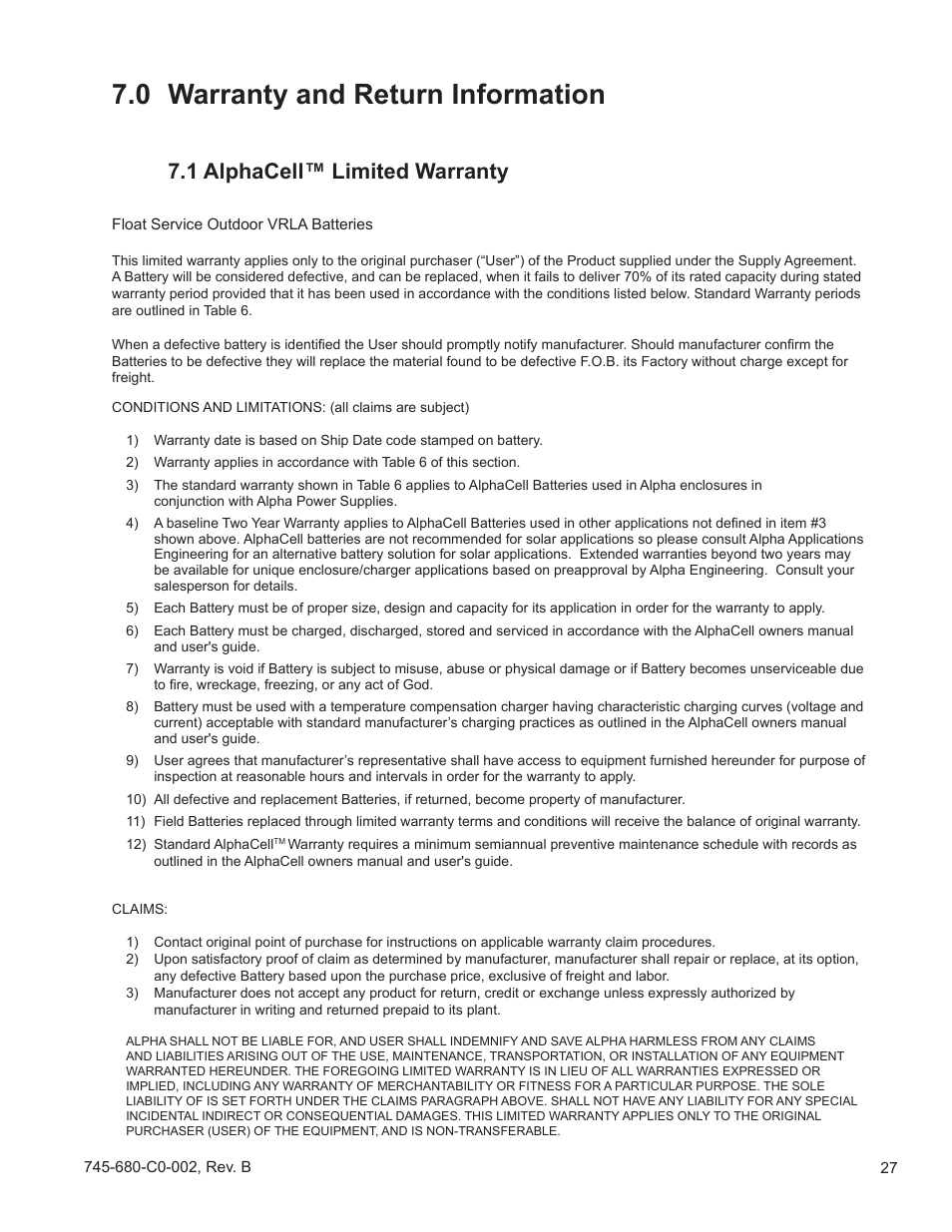 0 warranty and return information, 1 alphacell™ limited warranty | Alpha Technologies AlphaCell GelCell Series User Manual | Page 27 / 32