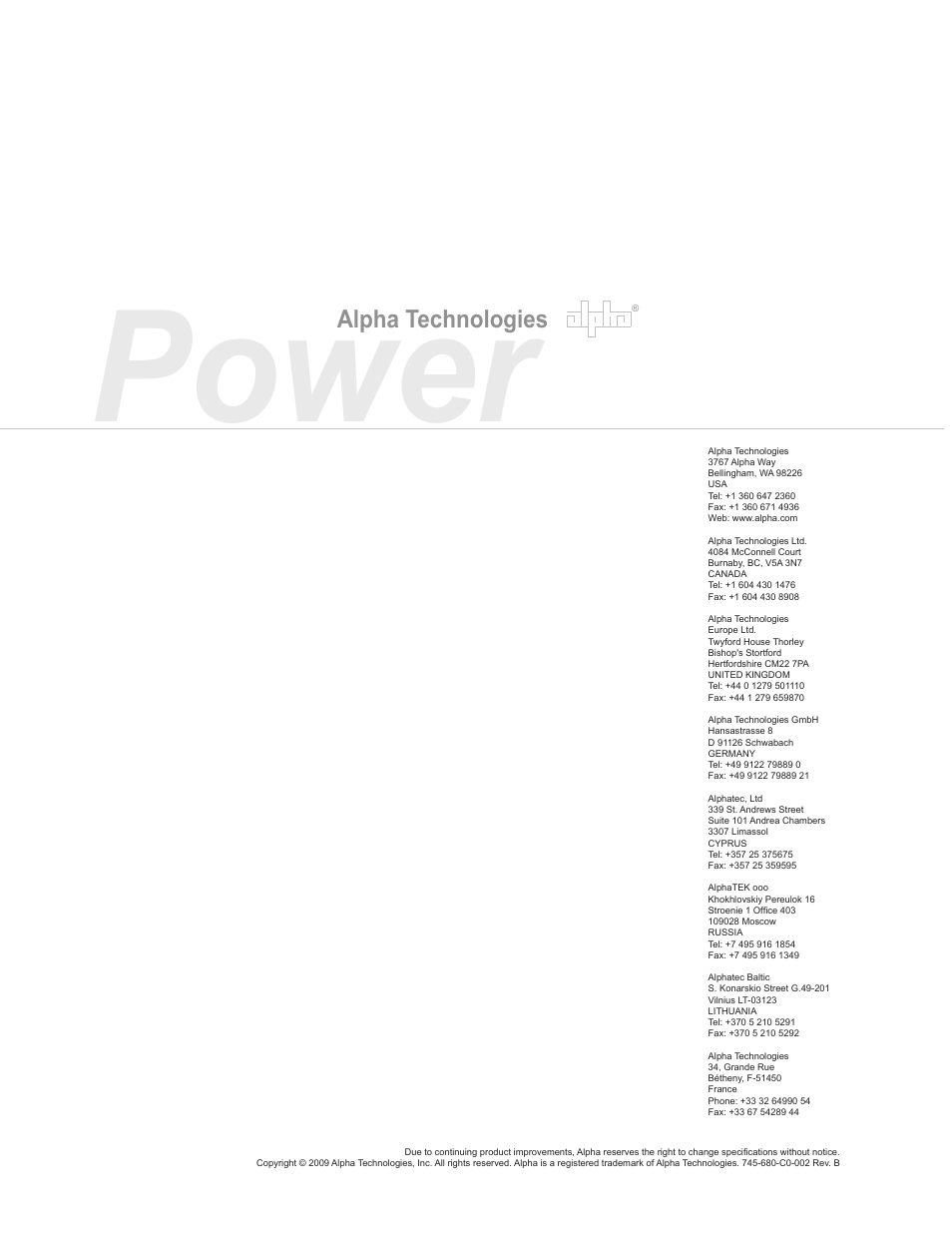 Power, Alpha technologies | Alpha Technologies AlphaCell GelCell Series User Manual | Page 32 / 32