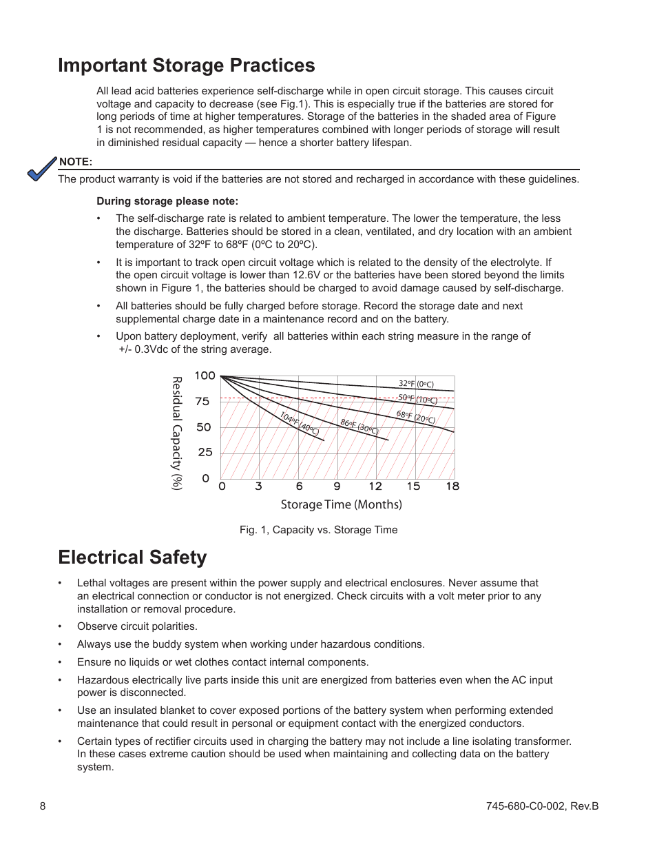 Safety notes, Fig. 1, capacity vs storage, Electrical safety | Important storage practices | Alpha Technologies AlphaCell GelCell Series User Manual | Page 8 / 32