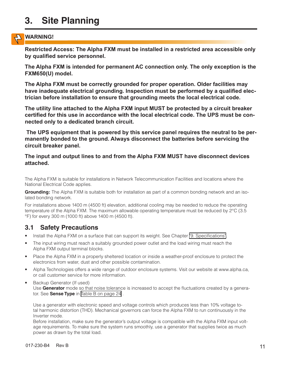 Site planning, 1 safety precautions | Alpha Technologies FXM 650, 1100, 2000 UPS User Manual | Page 13 / 96