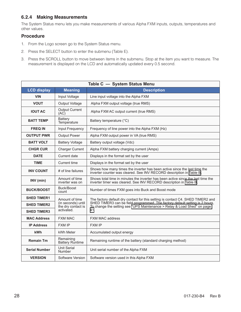 Table c, Procedure | Alpha Technologies FXM 650, 1100, 2000 UPS User Manual | Page 30 / 96