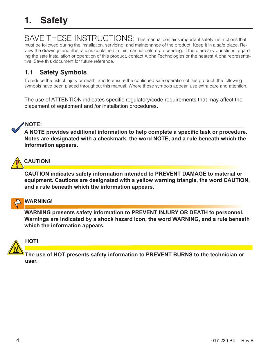 Safety, 1 safety symbols, Save these instructions | Alpha Technologies FXM 650, 1100, 2000 UPS User Manual | Page 6 / 96