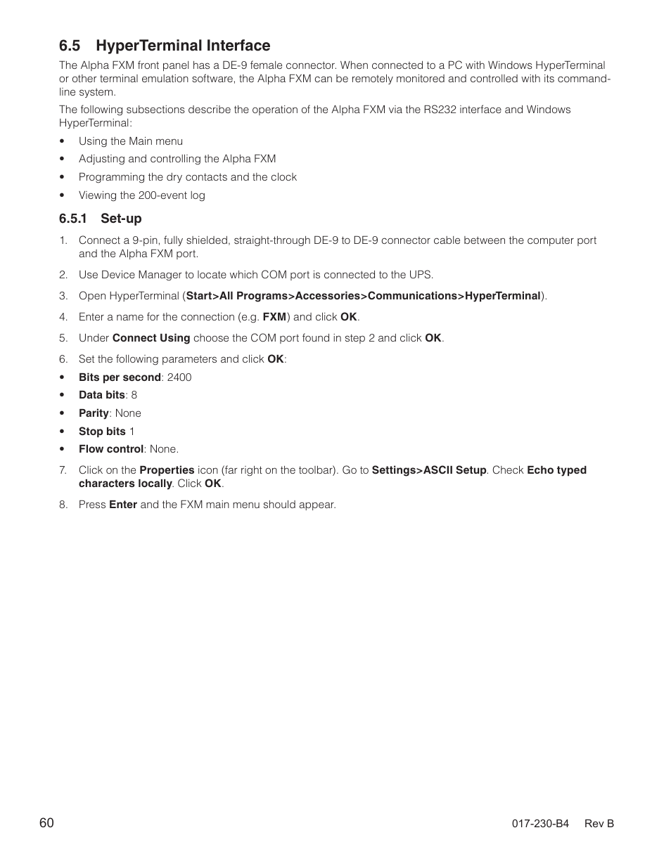 5 hyperterminal interface | Alpha Technologies FXM 650, 1100, 2000 UPS User Manual | Page 62 / 96