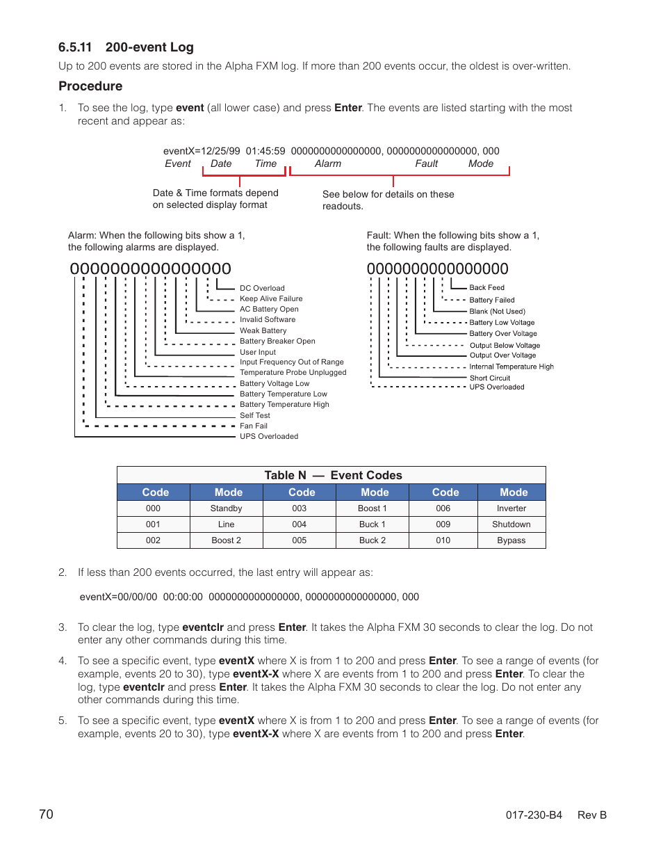 Procedure, Table n — event codes | Alpha Technologies FXM 650, 1100, 2000 UPS User Manual | Page 72 / 96