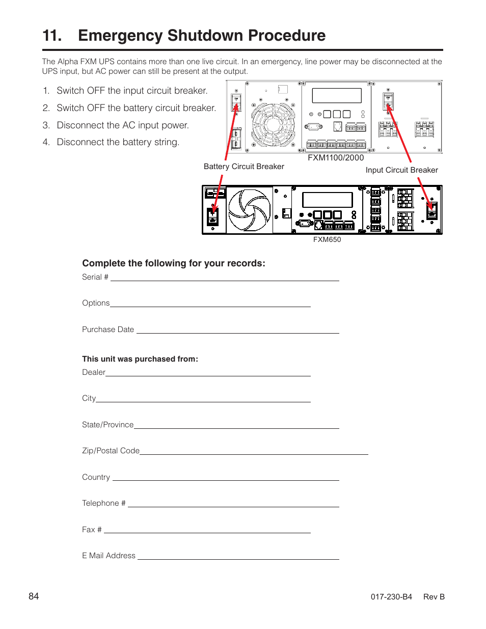 Emergency shutdown procedure | Alpha Technologies FXM 650, 1100, 2000 UPS User Manual | Page 86 / 96