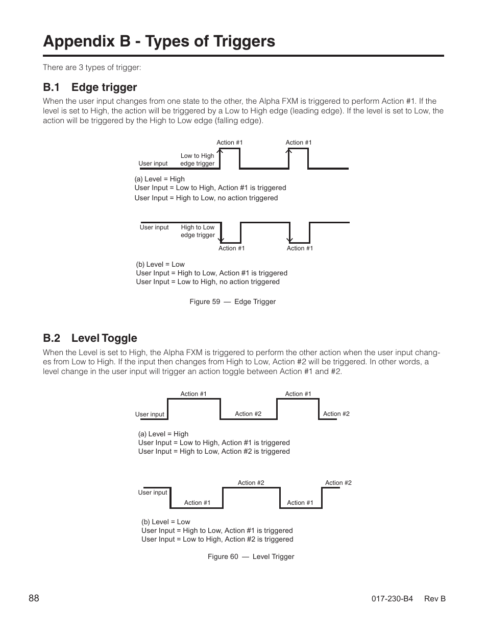 Appendix b - types of triggers, B.1 edge trigger, B.2 level toggle | Alpha Technologies FXM 650, 1100, 2000 UPS User Manual | Page 90 / 96