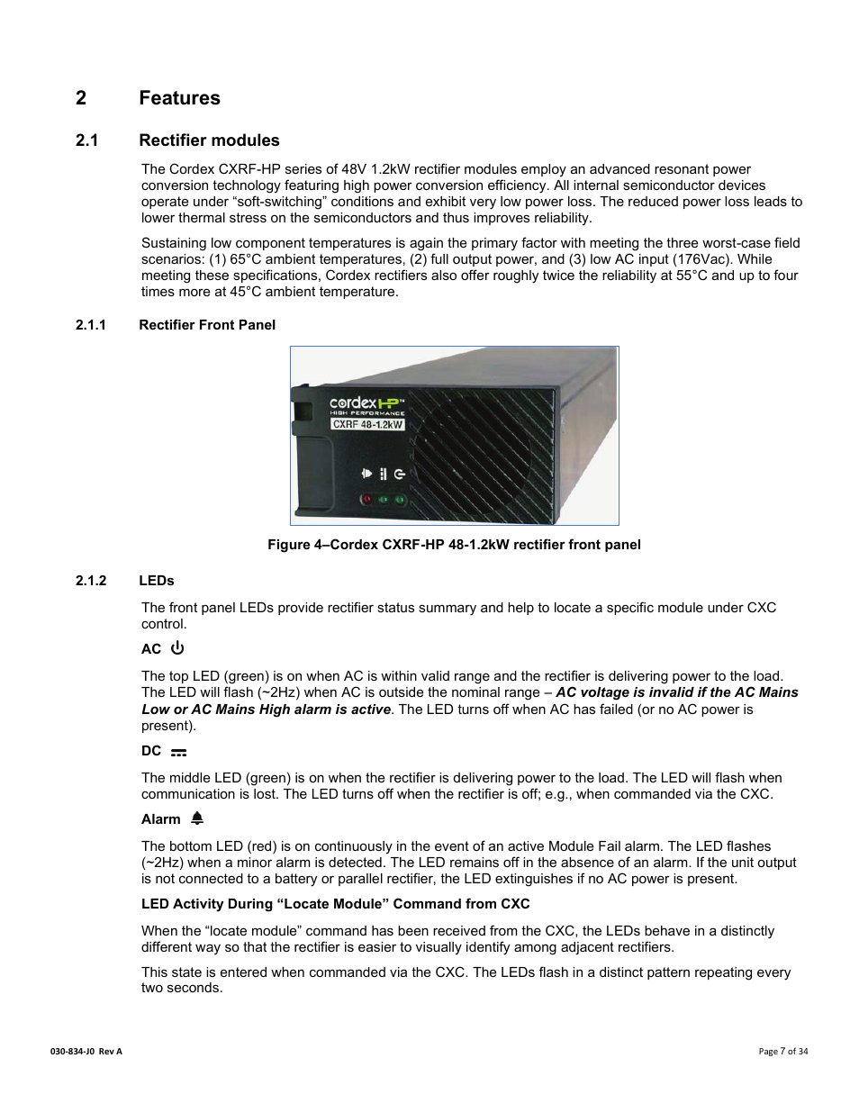2 features, 1 rectifier modules, 1 rectifier front panel | 2 leds, Alarm, Eatures, Rectifier modules, 2features | Alpha Technologies Cordex 48-1.2kW User Manual | Page 13 / 68