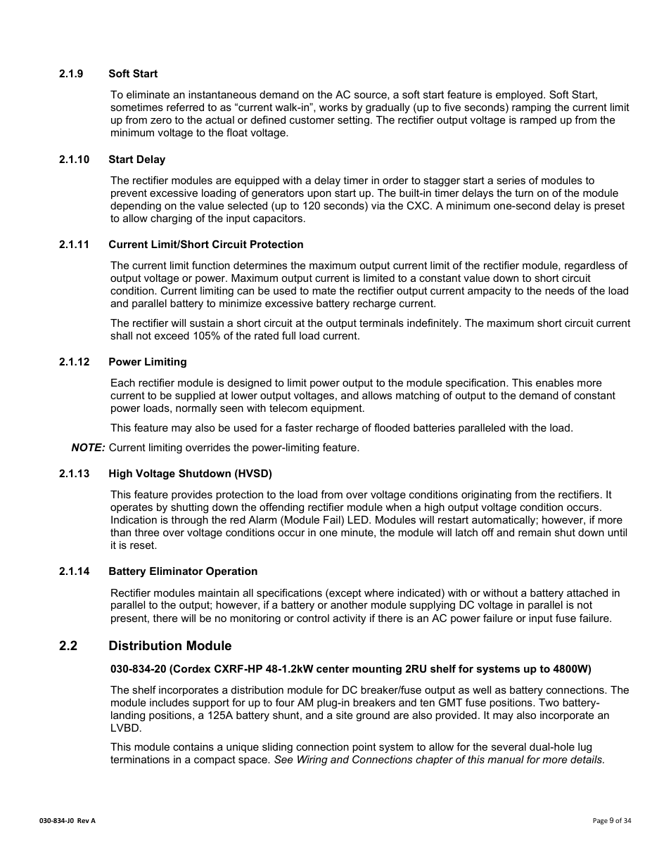 9 soft start, 10 start delay, 11 current limit/short circuit protection | 12 power limiting, 13 high voltage shutdown (hvsd), 14 battery eliminator operation, 2 distribution module, Distribution module | Alpha Technologies Cordex 48-1.2kW User Manual | Page 15 / 68