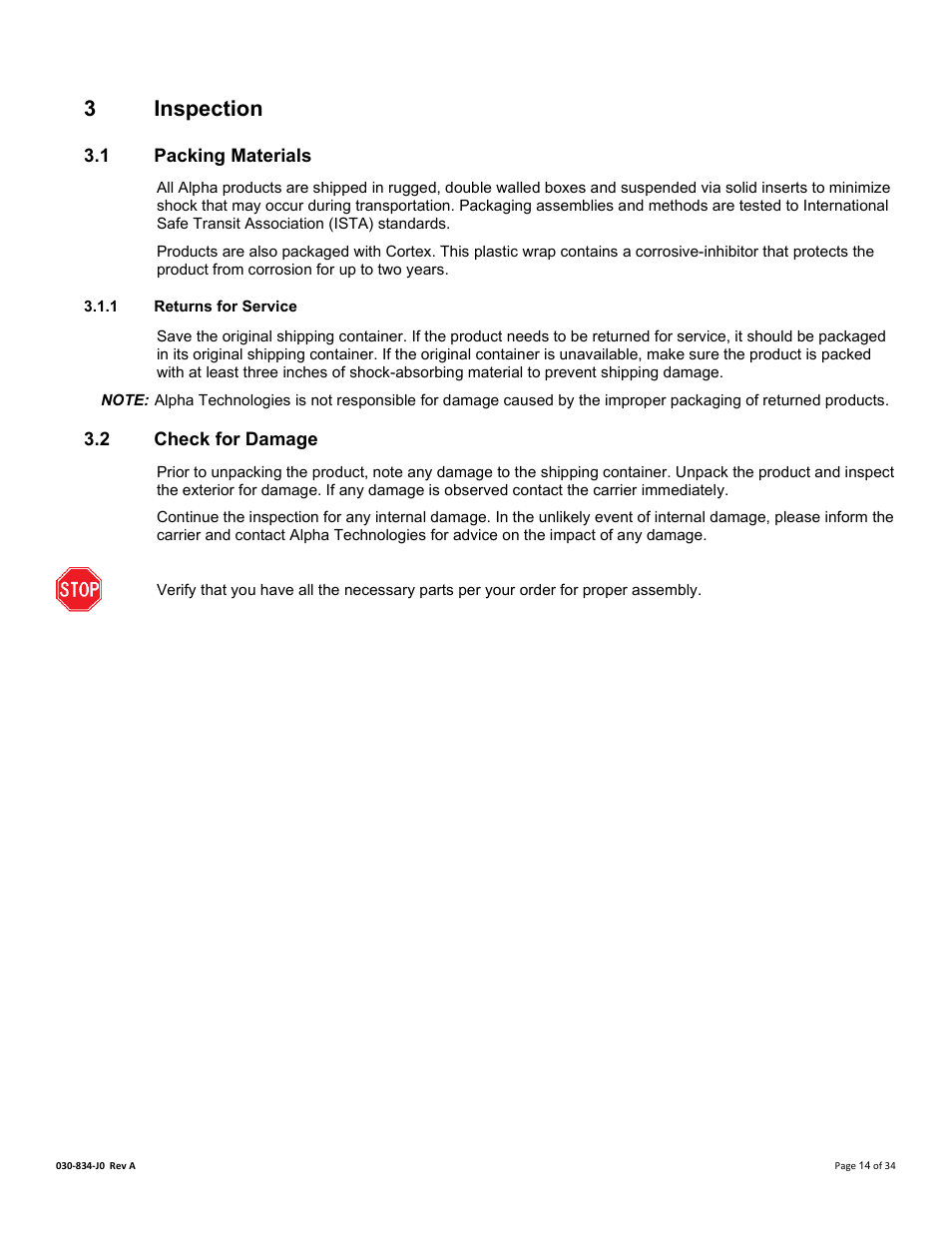 3 inspection, 1 packing materials, 1 returns for service | 2 check for damage, Nspection, Packing materials, Check for damage, 3inspection | Alpha Technologies Cordex 48-1.2kW User Manual | Page 20 / 68