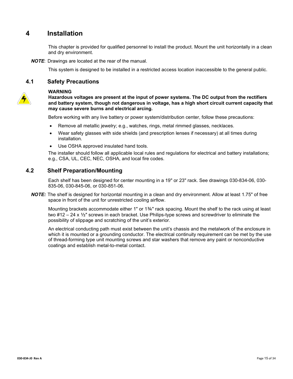 4 installation, 1 safety precautions, 2 shelf preparation/mounting | Nstallation, Safety precautions, Shelf preparation/mounting, 4installation | Alpha Technologies Cordex 48-1.2kW User Manual | Page 21 / 68
