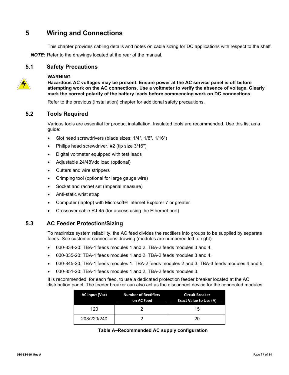 5 wiring and connections, 1 safety precautions, 2 tools required | 3 ac feeder protection/sizing, Iring and, Onnections, Safety precautions, Tools required, Ac feeder protection/sizing, 5wiring and connections | Alpha Technologies Cordex 48-1.2kW User Manual | Page 23 / 68