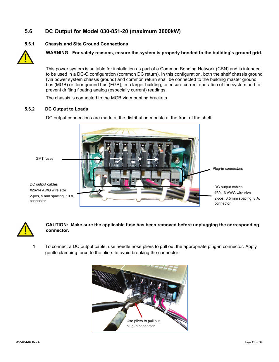 6 dc output for model 030-851-20 (maximum 3600kw), 1 chassis and site ground connections, 2 dc output to loads | Dc output for model 030-851-20 (maximum 3600kw) | Alpha Technologies Cordex 48-1.2kW User Manual | Page 25 / 68