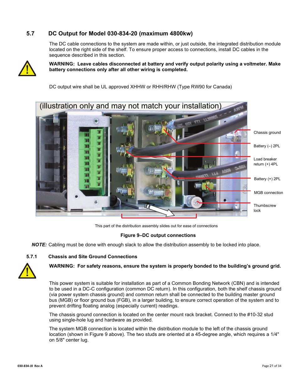 7 dc output for model 030-834-20 (maximum 4800kw), 1 chassis and site ground connections, Dc output for model 030-834-20 (maximum 4800kw) | Figure 8–dc output connections | Alpha Technologies Cordex 48-1.2kW User Manual | Page 27 / 68