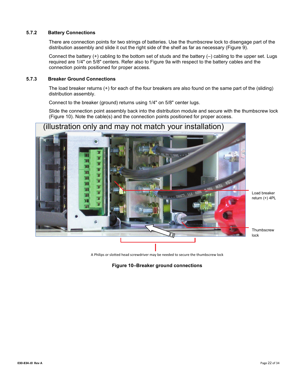 2 battery connections, 3 breaker ground connections, Figure 9–breaker ground connections | Alpha Technologies Cordex 48-1.2kW User Manual | Page 28 / 68