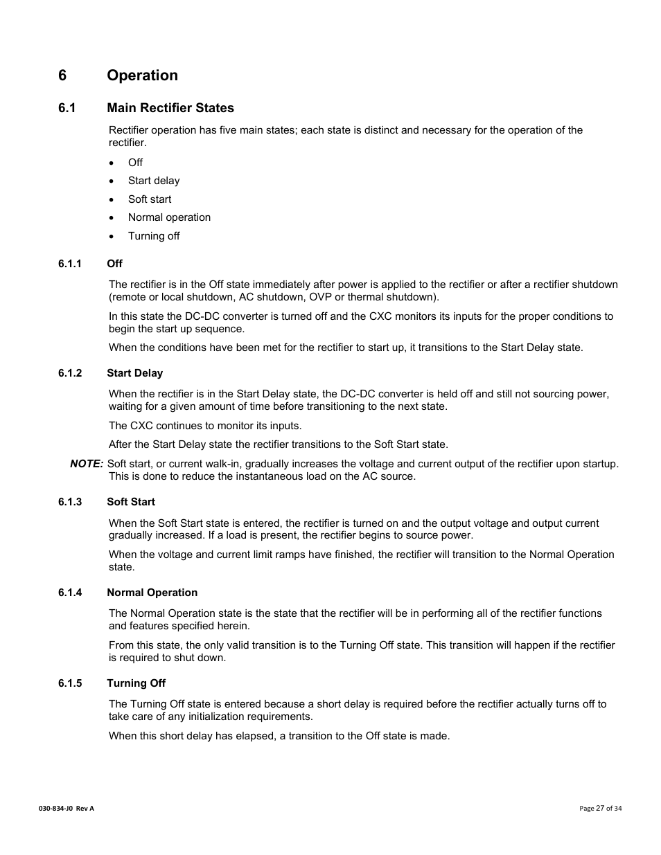 6 operation, 1 main rectifier states, 1 off | 2 start delay, 3 soft start, 4 normal operation, 5 turning off, Peration, Main rectifier states, 6operation | Alpha Technologies Cordex 48-1.2kW User Manual | Page 33 / 68