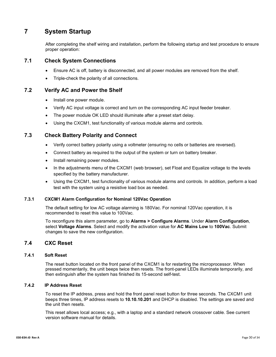 7 system startup, 1 check system connections, 2 verify ac and power the shelf | 3 check battery polarity and connect, 4 cxc reset, 1 soft reset, 2 ip address reset, Ystem, Tartup, Check system connections | Alpha Technologies Cordex 48-1.2kW User Manual | Page 36 / 68