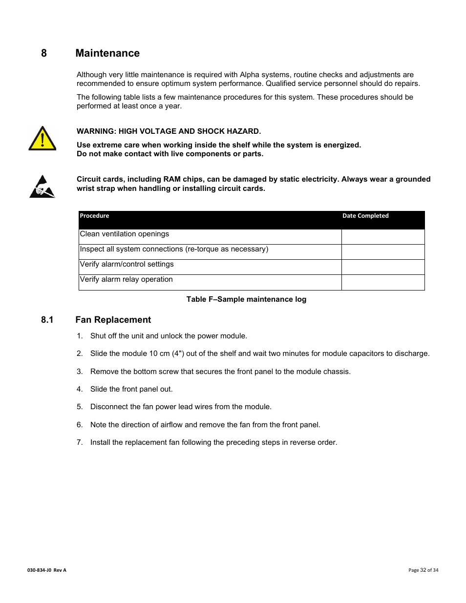 8 maintenance, 1 fan replacement, Aintenance | Fan replacement, 8maintenance | Alpha Technologies Cordex 48-1.2kW User Manual | Page 38 / 68