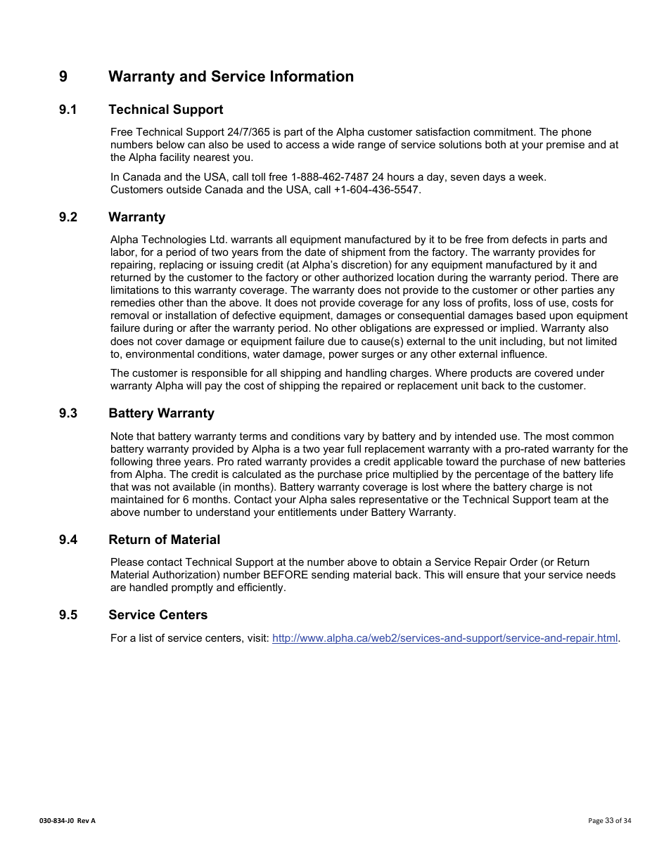 9 warranty and service information, 1 technical support, 2 warranty | 3 battery warranty, 4 return of material, 5 service centers, Arranty and, Ervice, Nformation, Technical support | Alpha Technologies Cordex 48-1.2kW User Manual | Page 39 / 68