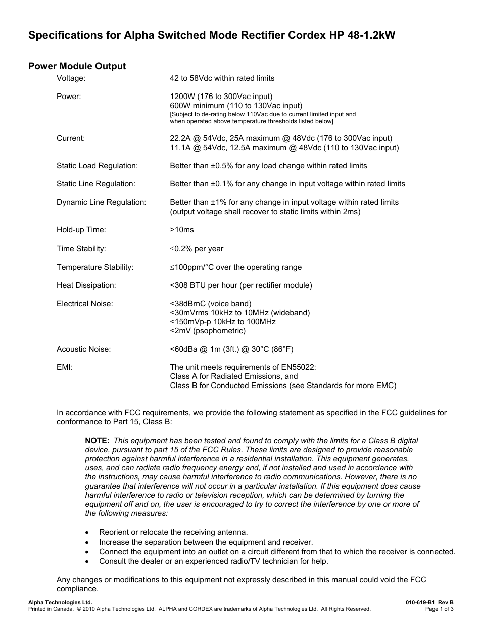 010619b1b__specs_rohs, Power module output | Alpha Technologies Cordex 48-1.2kW User Manual | Page 42 / 68
