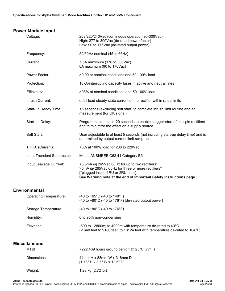 Power module input, Environmental, Miscellaneous | Alpha Technologies Cordex 48-1.2kW User Manual | Page 43 / 68