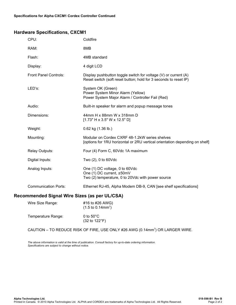 Hardware specifications, cxcm1, Recommended signal wire sizes (as per ul/csa) | Alpha Technologies Cordex 48-1.2kW User Manual | Page 46 / 68