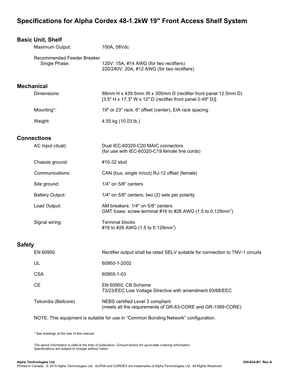 030834b1a__specs_rohs, Basic unit, shelf, Mechanical | Connections, Safety | Alpha Technologies Cordex 48-1.2kW User Manual | Page 47 / 68