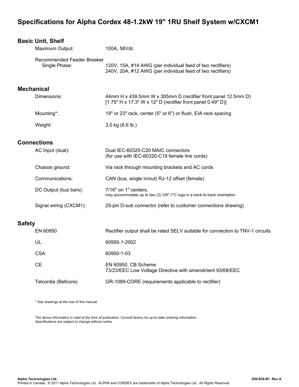 030835b1a__specs_rohs, Basic unit, shelf, Mechanical | Connections, Safety | Alpha Technologies Cordex 48-1.2kW User Manual | Page 48 / 68