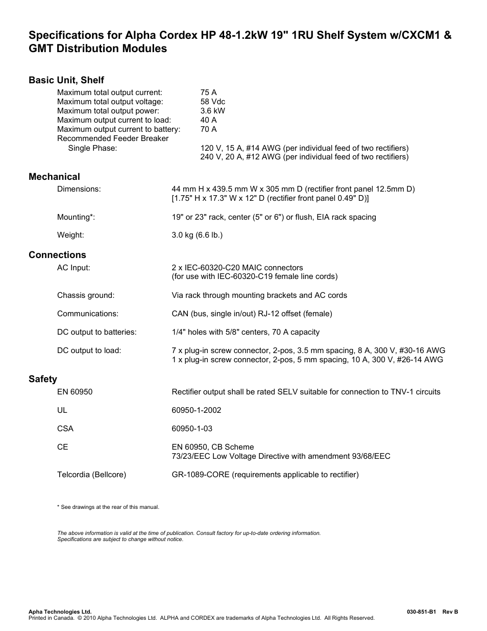 030851b1b__specs, Basic unit, shelf, Mechanical | Connections, Safety | Alpha Technologies Cordex 48-1.2kW User Manual | Page 50 / 68