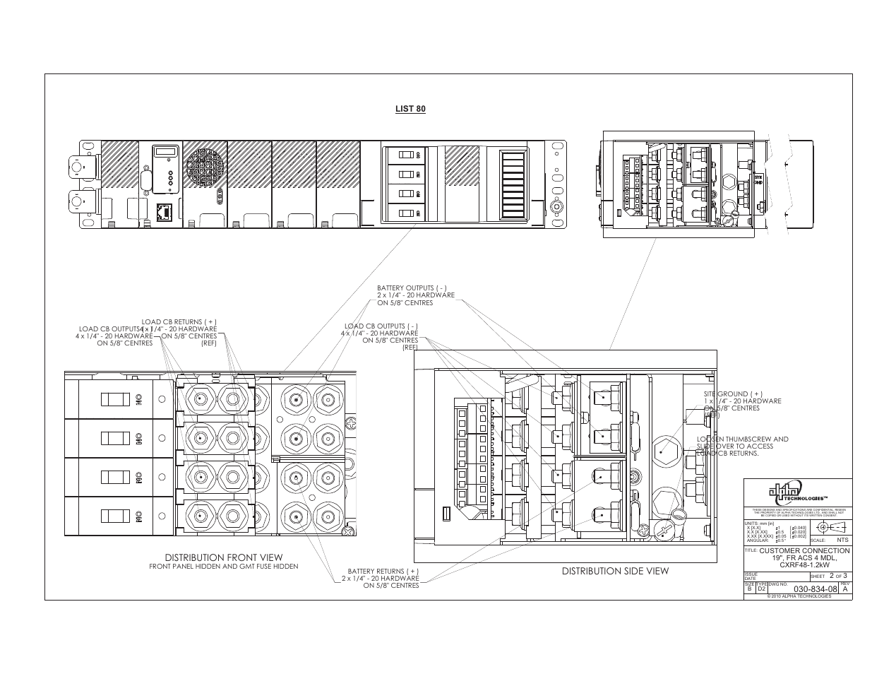 Distribution side view, Distribution front view, List 80 | Alpha Technologies Cordex 48-1.2kW User Manual | Page 56 / 68