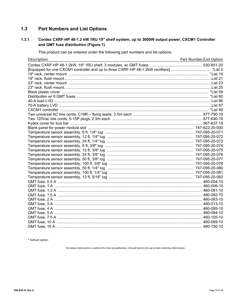 3 part numbers and list options, Part numbers and list options | Alpha Technologies Cordex 48-1.2kW User Manual | Page 9 / 68