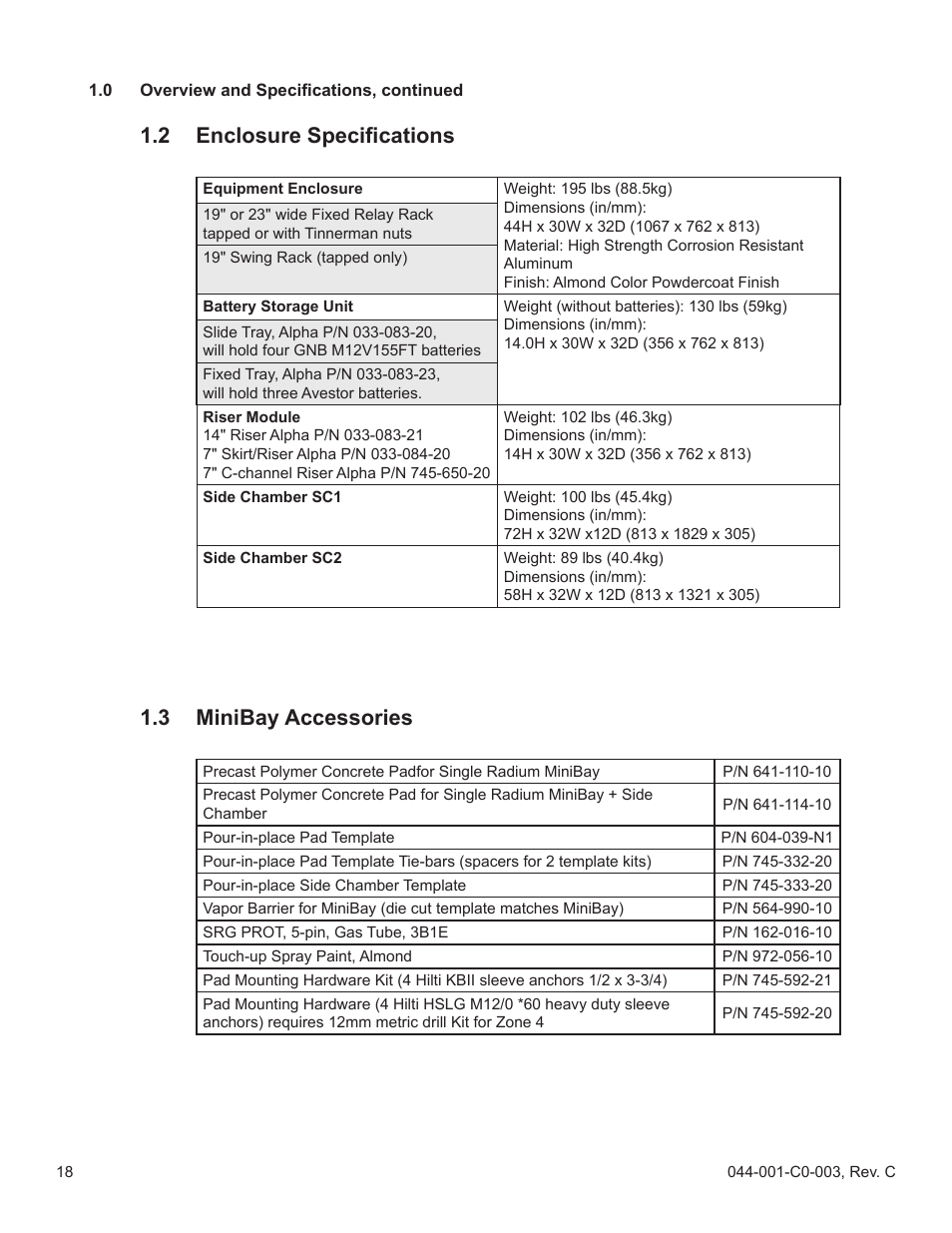 Enclosure specifications, Minibay accessories, 2 enclosure specifications | 3 minibay accessories | Alpha Technologies Radium MiniBay User Manual | Page 18 / 57