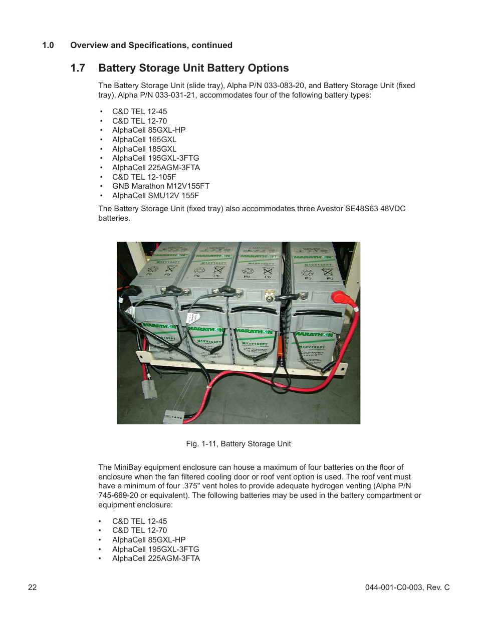 Battery storage unit battery options, 7 battery storage unit battery options | Alpha Technologies Radium MiniBay User Manual | Page 22 / 57