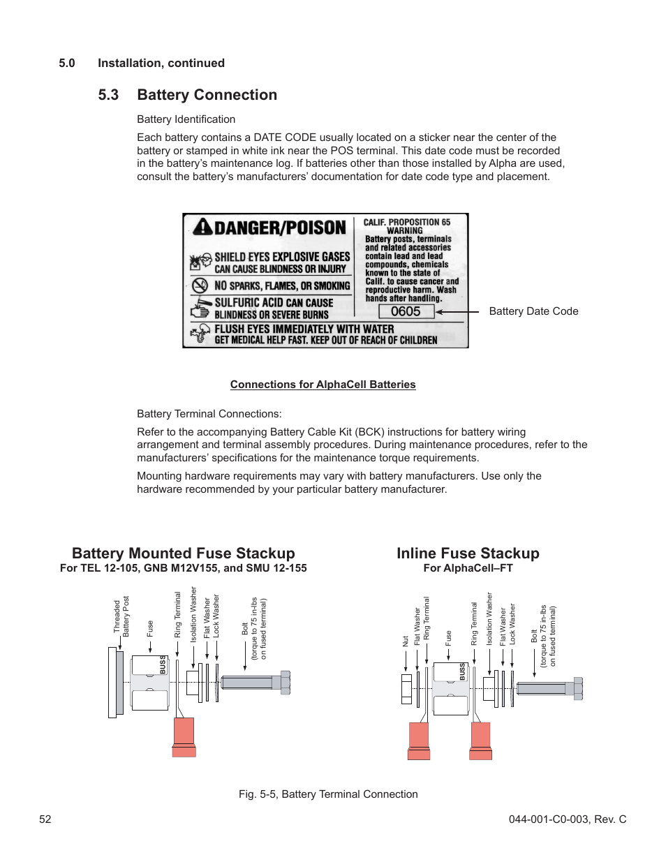 Battery connection, 3 battery connection, Inline fuse stackup | Battery mounted fuse stackup, 0 installation, continued | Alpha Technologies Radium MiniBay User Manual | Page 52 / 57