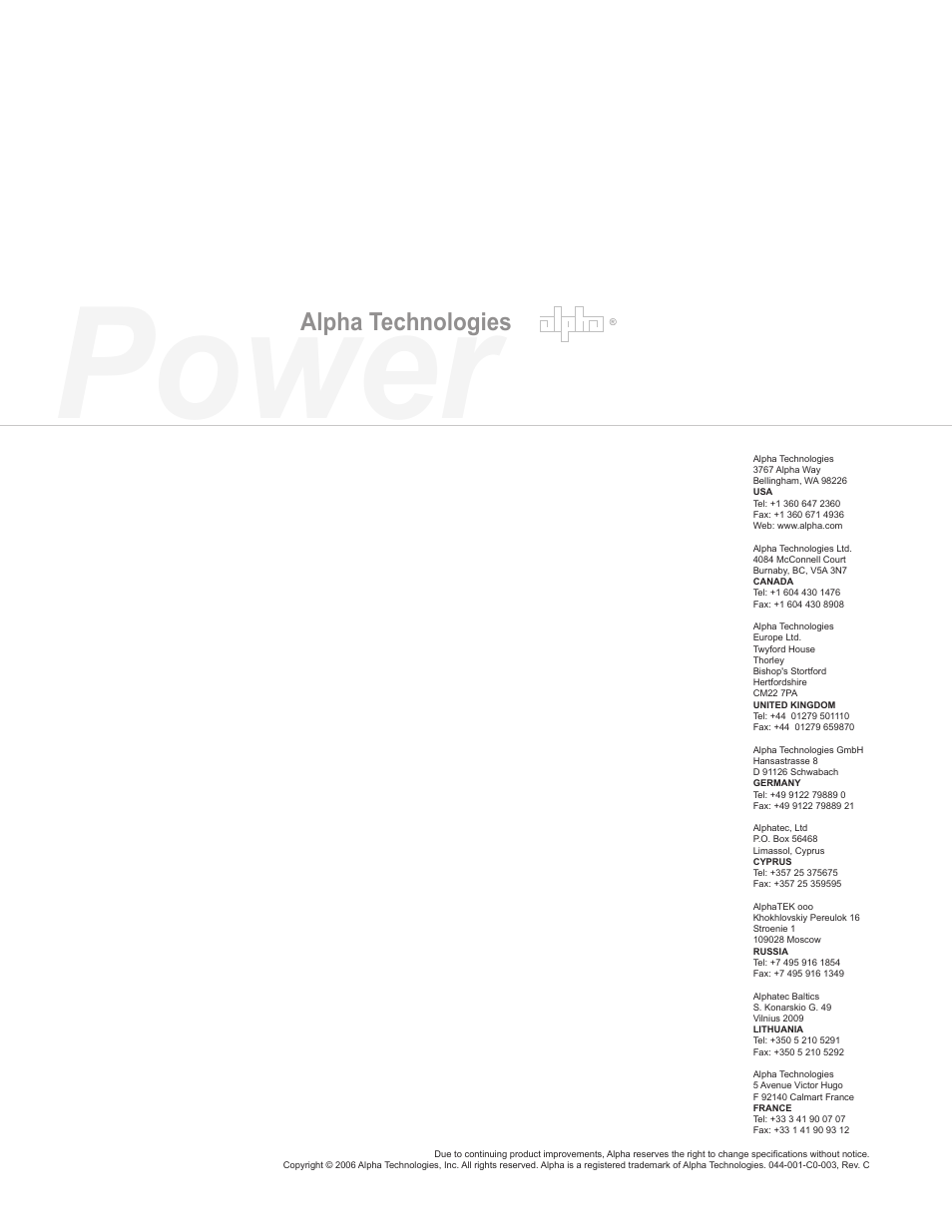 Power, Alpha technologies | Alpha Technologies Radium MiniBay User Manual | Page 57 / 57