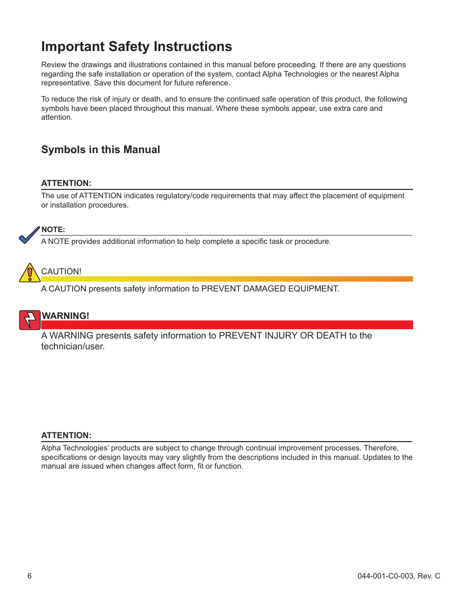 Important safety instructions, Symbols in this manual | Alpha Technologies Radium MiniBay User Manual | Page 6 / 57
